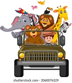 Zoo concept with wild animals in the car on white background illustration