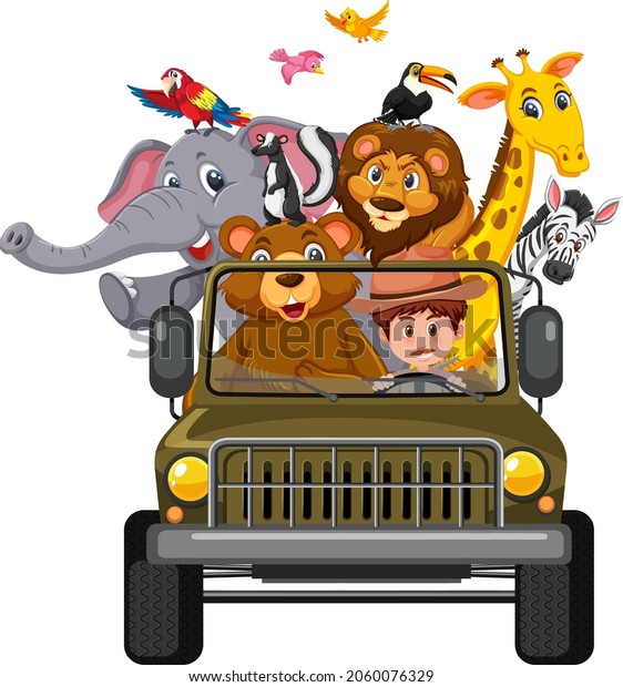 Zoo concept with wild animals in the car on\
white background\
illustration