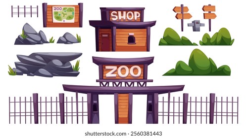 Zoo construction elements set - entrance building with turnstiles, souvenir shop structure, navigation map board, directional wooden signs, metal fencing, stone decorations and bush landscaping pieces