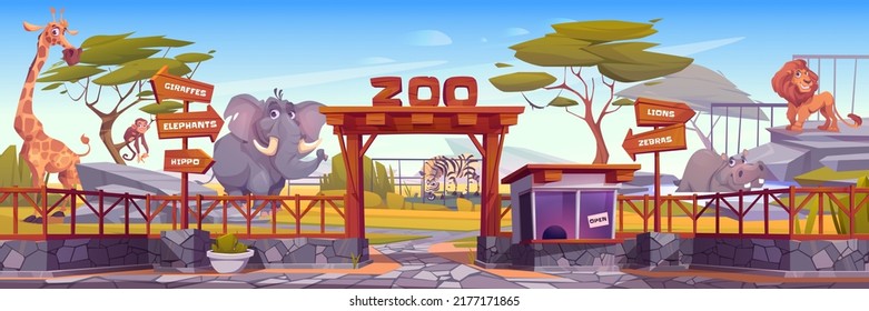 Zoo with cute african animals, entrance with wooden arch, fence and cashier booth. Vector cartoon landscape of zoological park with elephant, zebra, lion, giraffe, monkey and hippo