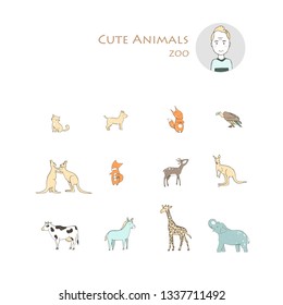 Zoo cute animals hand drawn set. Farm collection illustration, isolated clip art grunge textrure style. Cartoon wild life