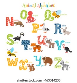 Zoo. Cute cartoon animals alphabet from N to Z in cartoon style. Vector illustration