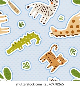 Zoo cute hand drawn african baby animals on a blue neutral with stripes background, kids seamless pattern with zebra, crocodile, giraffe, lion, tiger.