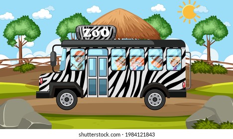 Zoo at day time scene with many kids in a bus illustration