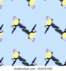 Zoo decorative seamless pattern with abstract puffin bird elements. Light blue background. Ornithology print. Flat vector print for textile, fabric, giftwrap, wallpapers. Endless illustration.