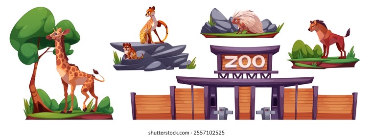 Zoo entrance and African animals set isolated on white background. Vector cartoon illustration of giraffe, leopard, cheetah, porcupine, hyena on green islands with tree, grass, bushes and stones