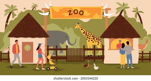 Zoo entrance background with tickets animals and visitors flat vector illustration