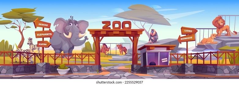 Zoo entrance gate and exotic African animals. Vector cartoon illustration of elephant, zebra, hyena, monkey, lion on territory of safari wildlife park surrounded by fence with wooden arrow signs