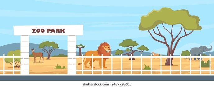 Zoo entrance gate and exotic African animals. Elephant, giraffe, camel, cheetah, lion, flamingo, vulture, monkey on territory of wildlife zoo park surrounded by fence. Vector illustration