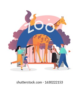 Zoo entrance gate, giraffe in cage and visitors happy couple and mother with son, vector illustration. Zoo park composition for web banner, website page etc.