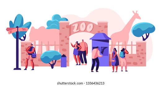 Zoo Entrance Gate with Giraffe and Elephant. People with Exotic African Animals. Family Summer Weekend Outdoor. Woman Visitor take Picture Fauna. Flat Cartoon Vector Illustration