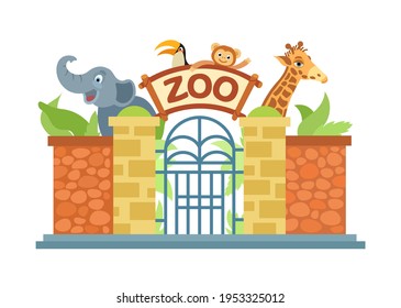 Zoo entrance gate. The zoo is home to an elephant, a giraffe, a monkey, a parrot. Vector illustration in cartoon style isolated.