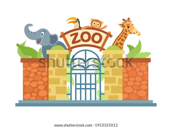 Zoo entrance gate. The zoo is home to an\
elephant, a giraffe, a monkey, a parrot. Vector illustration in\
cartoon style isolated.