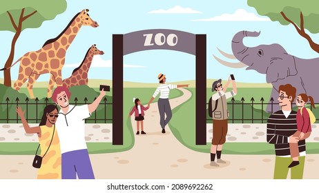 Zoo entrance gates. Animals park fences. Visitors take selfies. Parents and children excursion. Outdoor family weekend pastime. Couples looking at elephant and giraffes. Vector concept