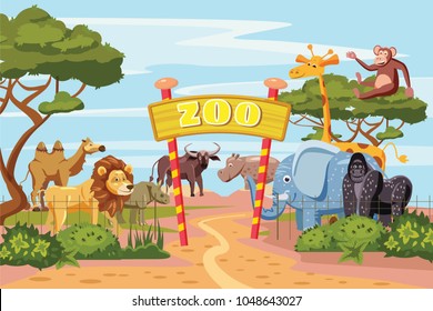Zoo entrance gates cartoon poster with elephant giraffe lion safari animals and visitors on territory vector illustration