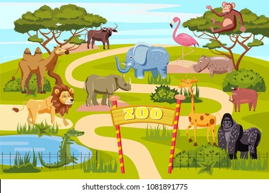 Zoo entrance gates cartoon poster with elephant giraffe lion safari animals and visitors on territory vector illustration, cartoon style, isolated - Shutterstock ID 1081891775