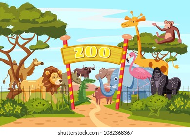 Zoo entrance gates cartoon poster with elephant giraffe lion safari animals and visitors on territory vector illustration, cartoon style, isolated - Shutterstock ID 1082368367