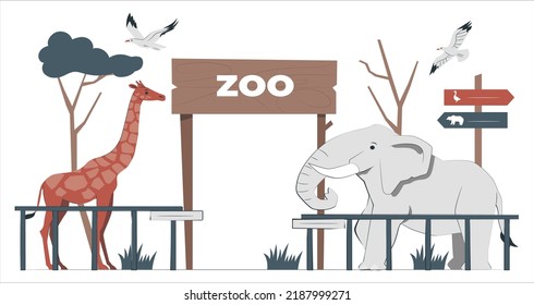 Zoo entrance gates cartoon poster with elephant giraffe safari animals and visitors on territory vector illustration. 