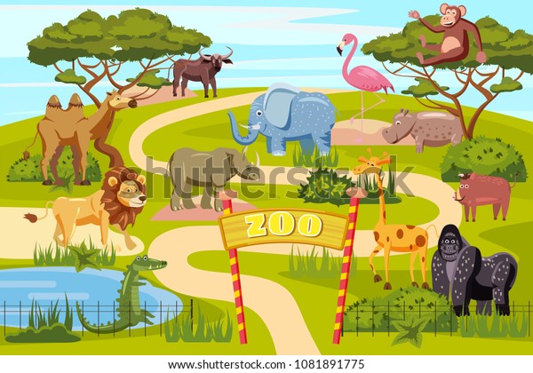 Zoo entrance gates cartoon poster with\
elephant giraffe lion safari animals and visitors on territory\
vector illustration, cartoon style,\
isolated