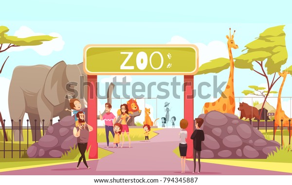 Zoo entrance gates cartoon poster with elephant giraffe\
lion safari animals and visitors on territory vector illustration\
