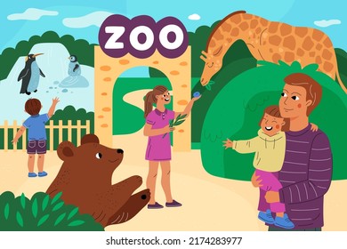 Zoo entrance gates. Safari park doors. Tourists with kids feed animals. Cute penguins. Giraffe and bear. Family leisure. Summer recreation. Parents and children joy