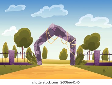 Zoo entrance gates with stone arch. Zoological garden for wild animals with green bushes and trees. Vector illustration in cartoon style