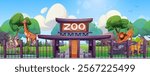 Zoo entrance gates with wooden sign surrounded by exotic animals. Giraffe, zebra and lions behind metal fences amid lush green trees and white puffy clouds. Cartoon zoology park illustration.