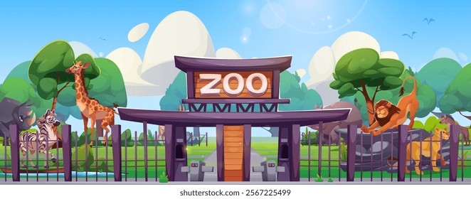 Zoo entrance gates with wooden sign surrounded by exotic animals. Giraffe, zebra and lions behind metal fences amid lush green trees and white puffy clouds. Cartoon zoology park illustration.