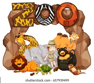 Zoo entrance with many wild animals illustration