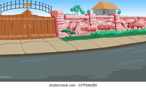 Zoo entrance outdoor view with cartoon animals like lemur and giraffe toucan or parrot, woman or mother and child or boy with balloons, gate landscape and park wall, arch. Zoology and wildlife theme