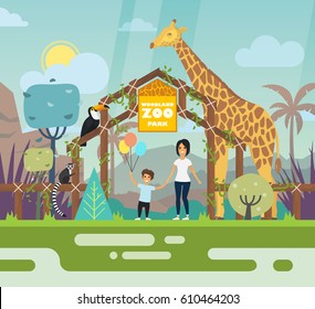 Zoo entrance outdoor view with cartoon animals like lemur and giraffe toucan or parrot, woman or mother and child or boy with balloons, gate landscape and park wall, arch. Zoology and wildlife theme