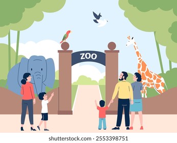 Zoo entrance. Parents with children go to animal park. Visitors on excursion, weekend recreation outdoor. Family time on nature, recent vector flat scene