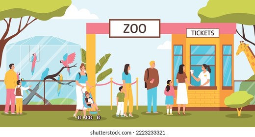 Zoo entrance with people with children standing in queue and buying tickets flat vector illustration