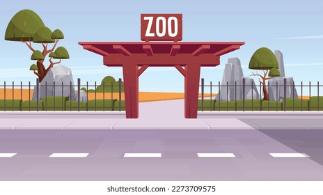 Zoo entrance with steel fence and wooden gate landscape vector illustration