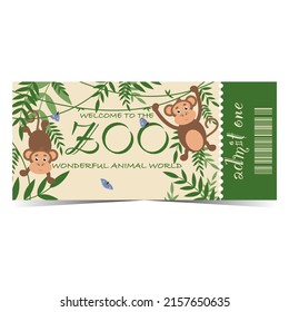 Zoo entrance ticket design with monkeys on creepers in the jungle. Vector illustration in flat style of zoological garden entry talon or coupon with detachable or tear-off part and barcode.