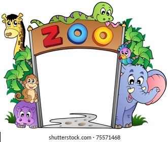 Zoo entrance with various animals - vector illustration.