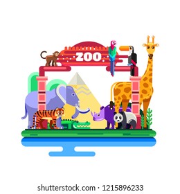 Zoo entrance, vector flat illustration isolated on white background. Colorful wild animals around gates. Weekend in park, leisure outdoor concept.