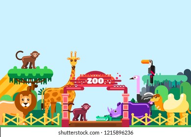 Zoo entrance, vector flat style illustration. Cute animals around colorful gates. Weekend in park, leisure outdoor concept.