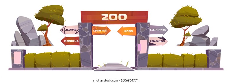 Zoo entrance with wooden board on arch. Vector cartoon set of zoological garden with entry gates, direction signs to different animals with stones, trees and bushes isolated on white background