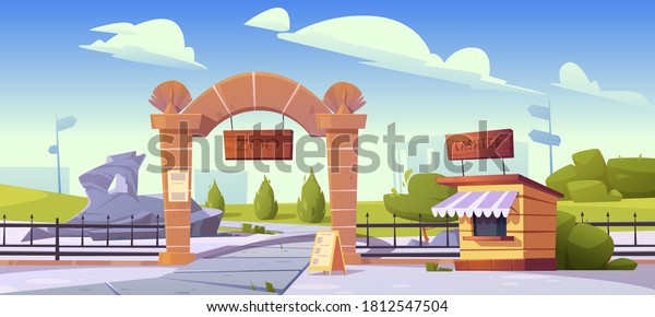 Zoo\
entrance with wooden board on stone arch and cashier booth.\
Zoological garden for wild animals. Vector cartoon landscape with\
entry gates, metal fence, signboard and green\
bushes