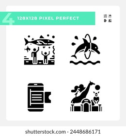 Zoo exhibit pixel perfect black glyph icons set on white space. Online booking. Aquatic show. Zoological park. Customizable thin line symbols. Isolated vector outline illustrations. Editable stroke