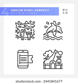 Zoo exhibit pixel perfect linear icons set. Online booking. Aquatic show, animal habitats. Zoological park. Customizable thin line symbols. Isolated vector outline illustrations. Editable stroke