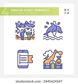 Zoo exhibit pixel perfect RGB color icons set. Online booking. Aquatic show, animal habitats. Zoological park. Isolated vector illustrations. Simple filled line drawings collection. Editable stroke