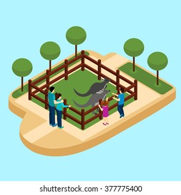 Zoo with family watching kangaroos on blue background isometric vector illustration 