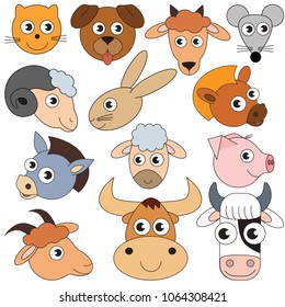 Zoo Farm animals Faces elements set, collection of coloring book template, the group of outline digital elements vector illustration, kid educational game page.