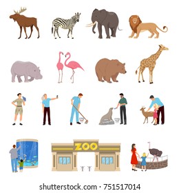 Zoo flat icons set of lion elephant giraffe deer zebra hippopotamus walrus flamingos goat ostrich isolated vector illustration 