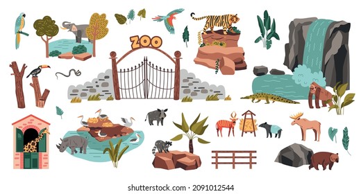 Zoo flat set with animals and birds landscape elements and park items isolated on white background vector illustration