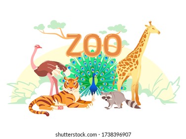 Zoo flat web banner. Group of cartoon animals on white horizontal cover or social media header. Ostrich giraffe tiger raccoon peacock simple nature poster. Exotic animal vector card. Children postcard