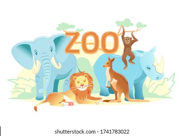 Zoo flat web banner. Group of cartoon animals on white horizontal cover or social media header. Elephant monkey rhino lion kangaroo simple nature poster. Exotic animal vector card. Children postcard