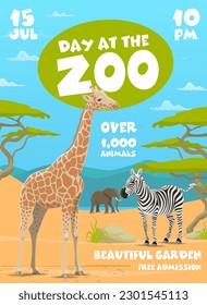 Volante de zoo con animales de safari africanos en la sabana, afiche del vector de animales salvajes en África. Parque natural o zoo para entretenimiento infantil, volante con elefante africano, cebra y jirafa en el bosque de savana